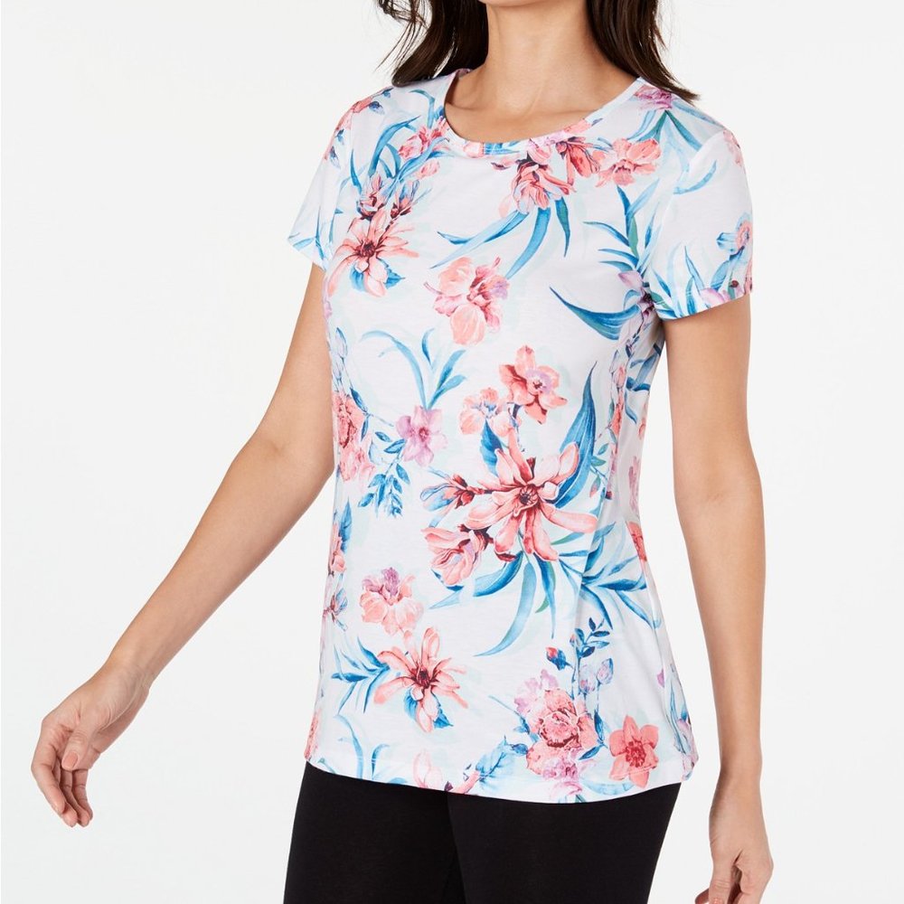 Tropical Floral Printed Keyhole-Back Top XL